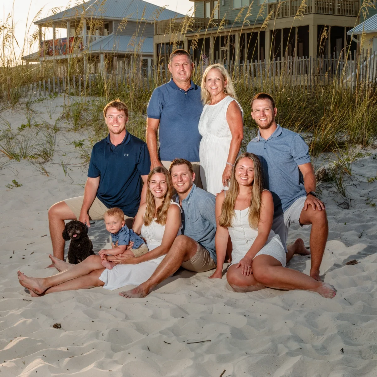 A family of eight plus their dog photo session on the beach in Fort Morgan, Alabama.